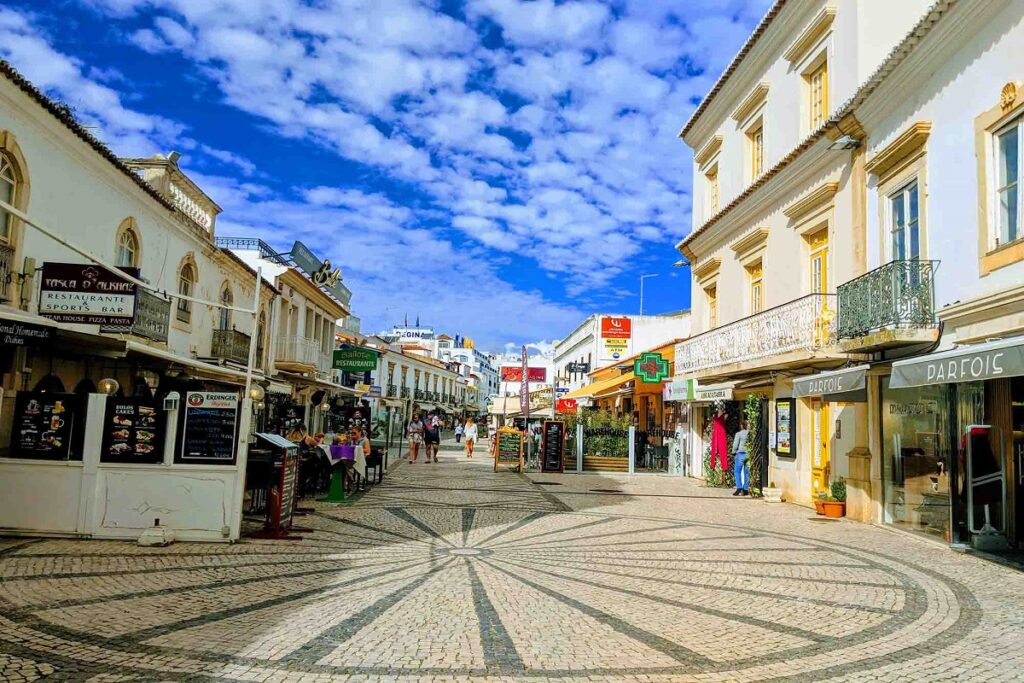 Albufeira old town with blue sky on a sunny summer day for cannabis travel Guide cannatrailz