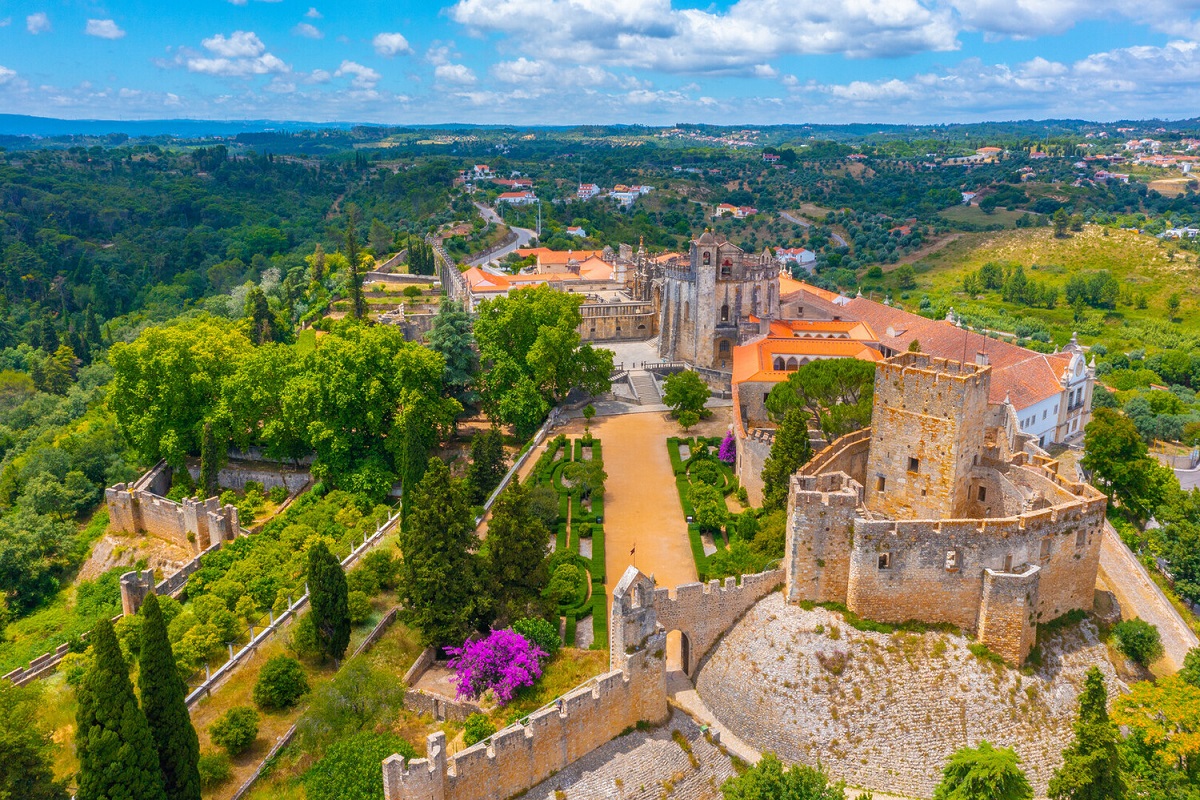 Aerial view of Tomar castle grounds and environs for cannabis travel guide cannatrailz