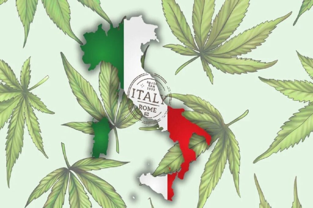 Italian flag amid graphic cannabis leaves for Italy cannabis travel guide cannatrailz