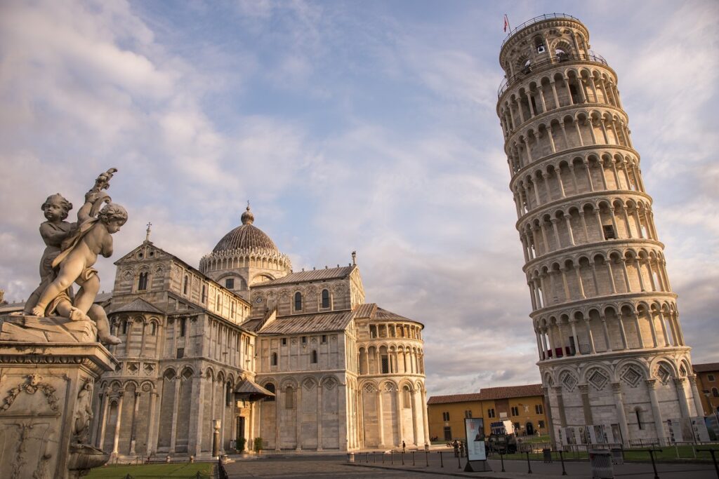 The leaning Tower of Pisa at dusk for Cannabis in Pisa Travel Guide.