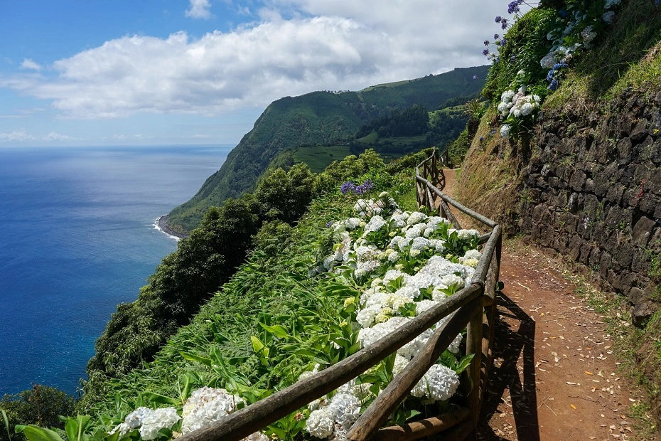A scenic trail along the coast of Ponta Delgada, Azores, São Miguel Island, Portugal.