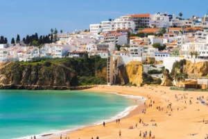 Postcard view of Fisherman's Beach (Praia dos Pescadores) in Albufeira, Algarve, Portugal.