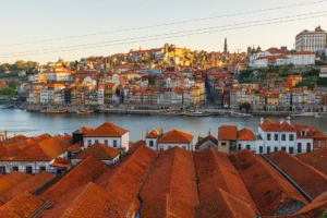 Cross-city view of Baixa from Vila Nova de Gaia in Porto, Portugal.