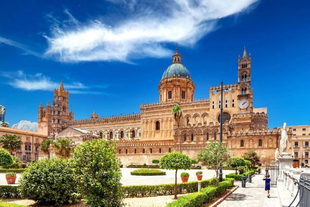 The Baroque Cathedral on a sunny day for Cannabis in Palermo Tavel Guide.