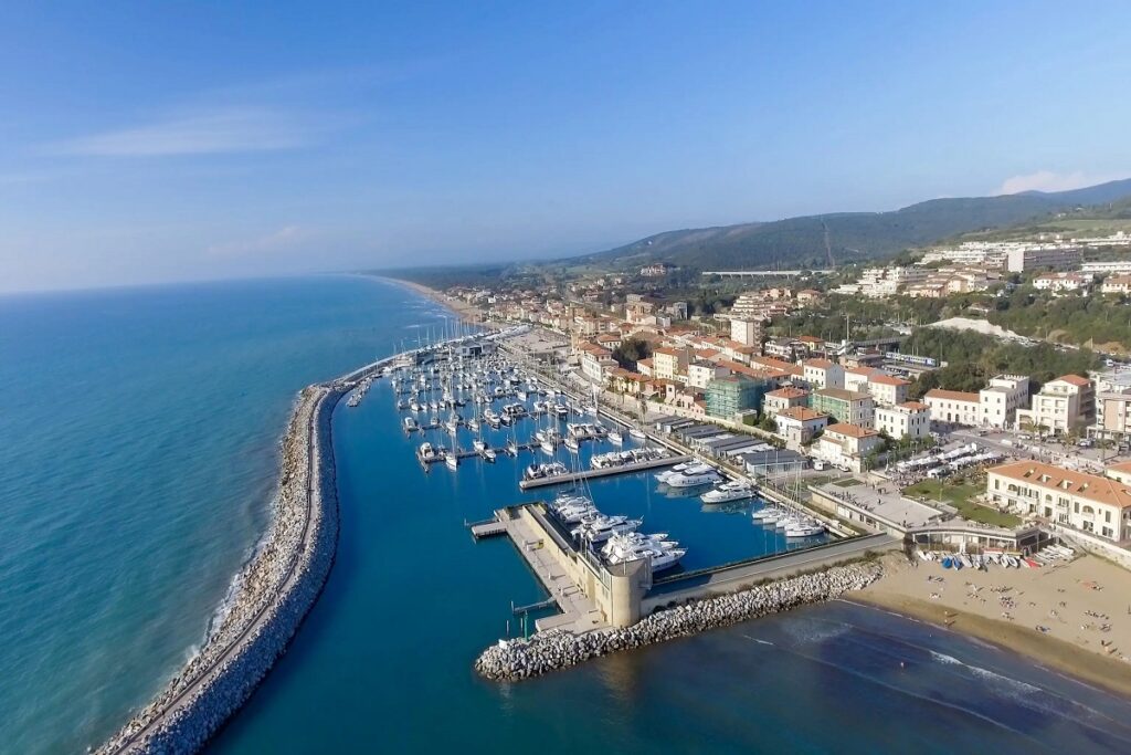 Aerial view of marina and harbor for Cannabis in San Vincenzo Travel Guide.