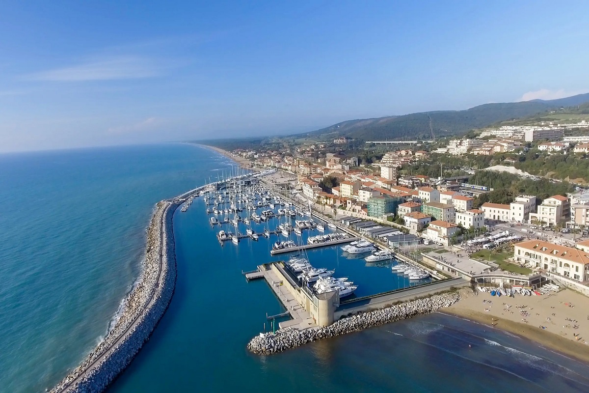 Aerial view of marina and harbor for Cannabis in San Vincenzo Travel Guide.