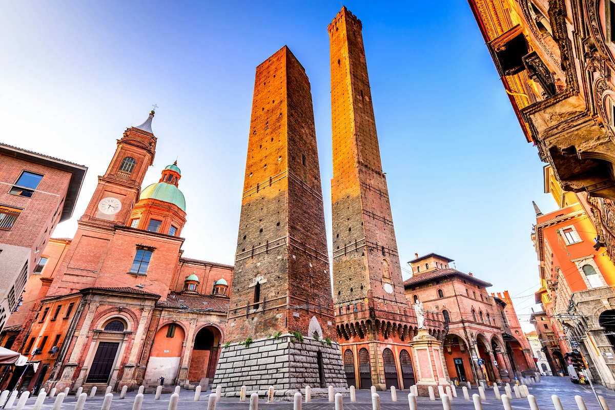 The two towers of Piazza di Porta for Cannabis in Bologna Travel Guide.