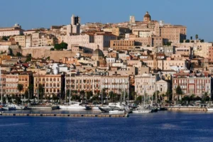 Historic architecture lining the waterfront area in Cagliari, Sardinia, Italy.