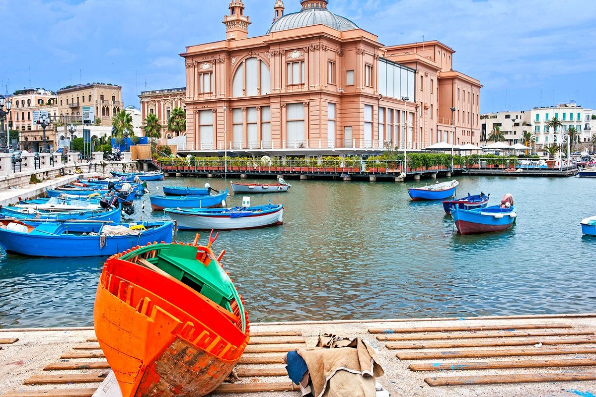 The old port with colorful boats in the city of Bari, Puglia, Italy.