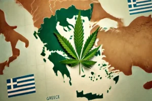 Green cannabis leaf overlayed atop an outline of the map of Greece.
