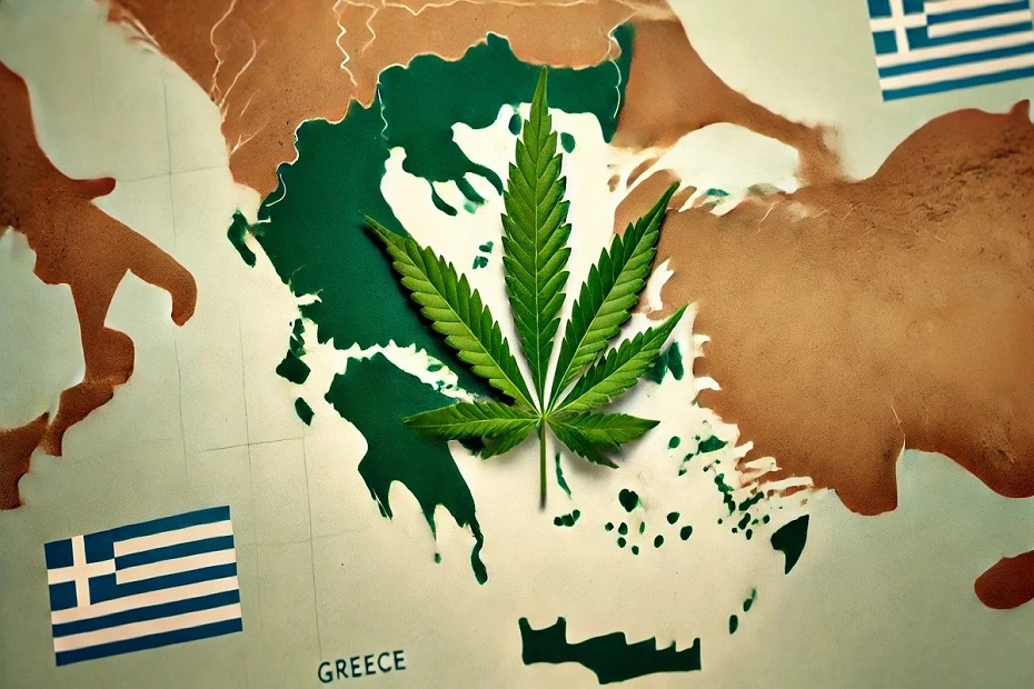 Green cannabis leaf overlayed atop an outline of the map of Greece.