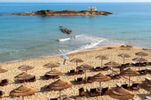 A luxury beach resort with an Island in Malia, Crete, Greece.