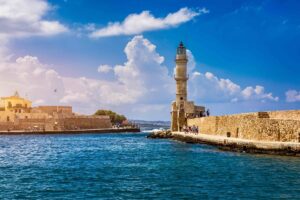 The Egyptian lighthouse and old port on the coast of Chania on Crete Island, Greece.