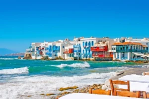 The "Little Venice" waterfront area with colorful houses in Mykonos Island, Greece.