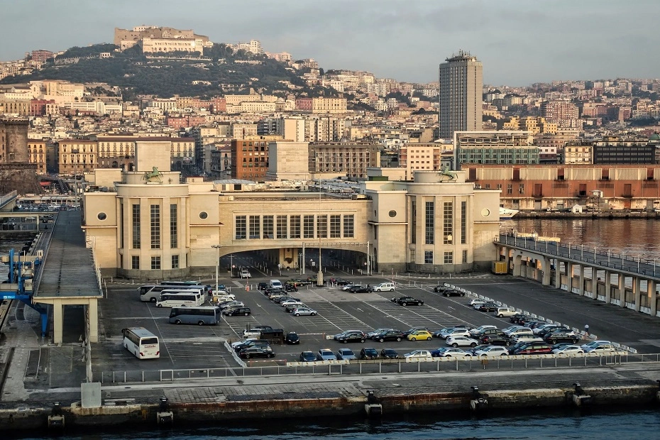Panoramic view of the port and cityscape of Naples Italy.