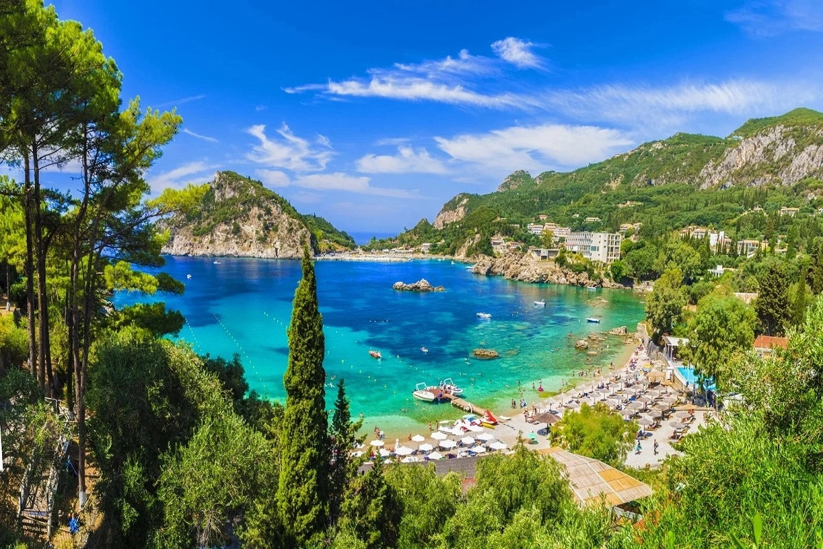 Paleokastritsa Beach on a sunny day in Corfu Island, Greece.