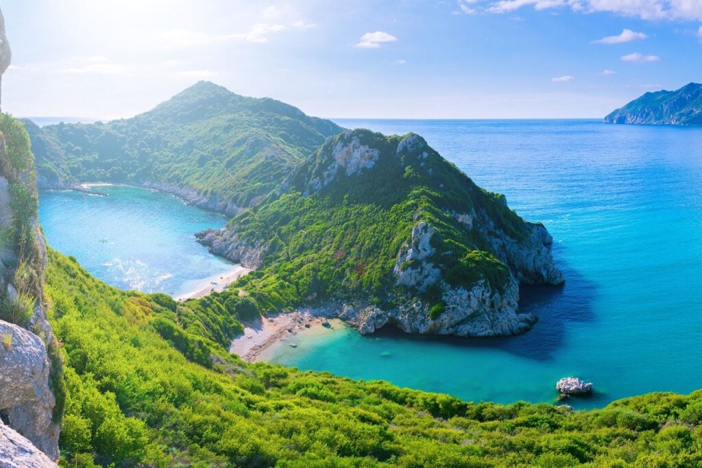 The twin coves of Porto Timoni beach on Corfu in Ionian Islands, Greece.
