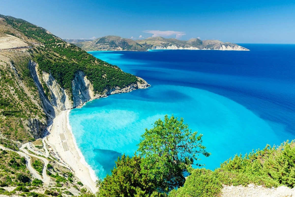 Aerial view of the scenic Myrtos beach in Kefalonia, Greece.