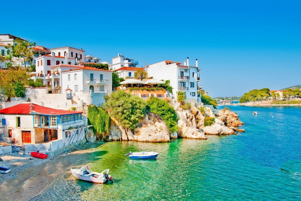 The Plakes area in Skiathos town on a sunny morning in Skiathos Island, Greece.