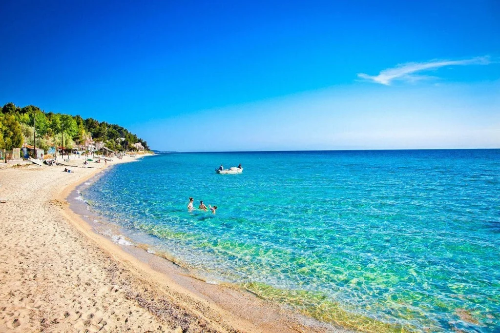 A sunny summer day on Sani beach in Halkidiki, Greece.