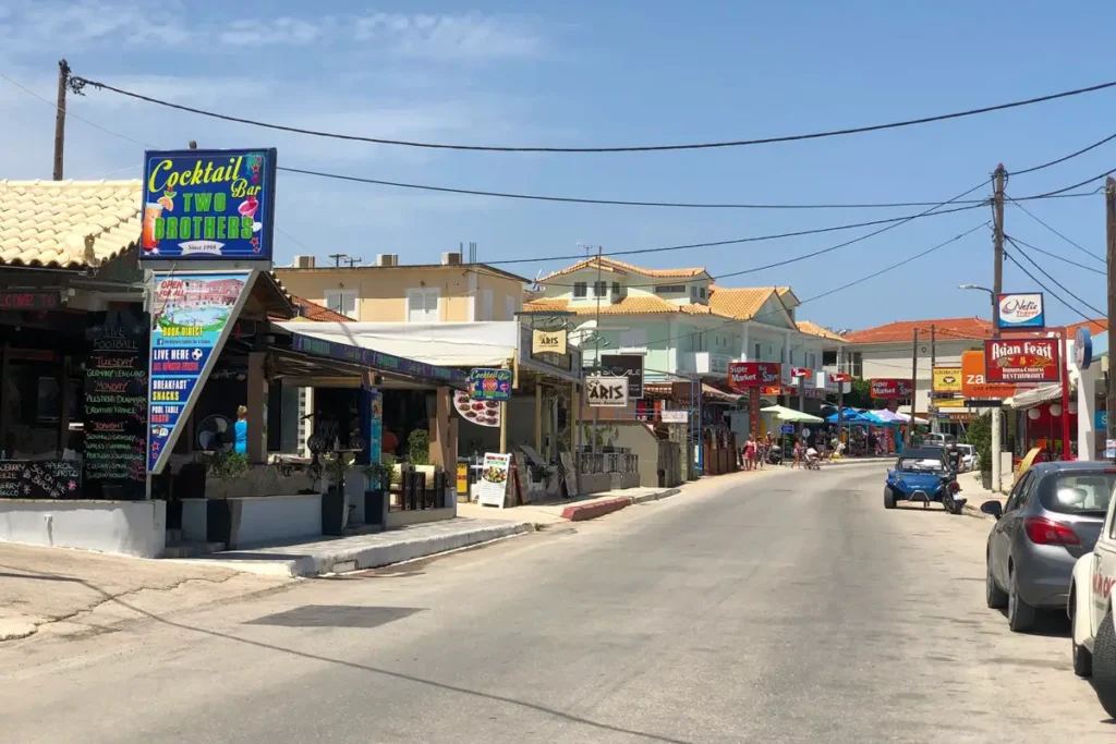 Tsilivi nightlife hub during the day in Zakynthos island, Greece