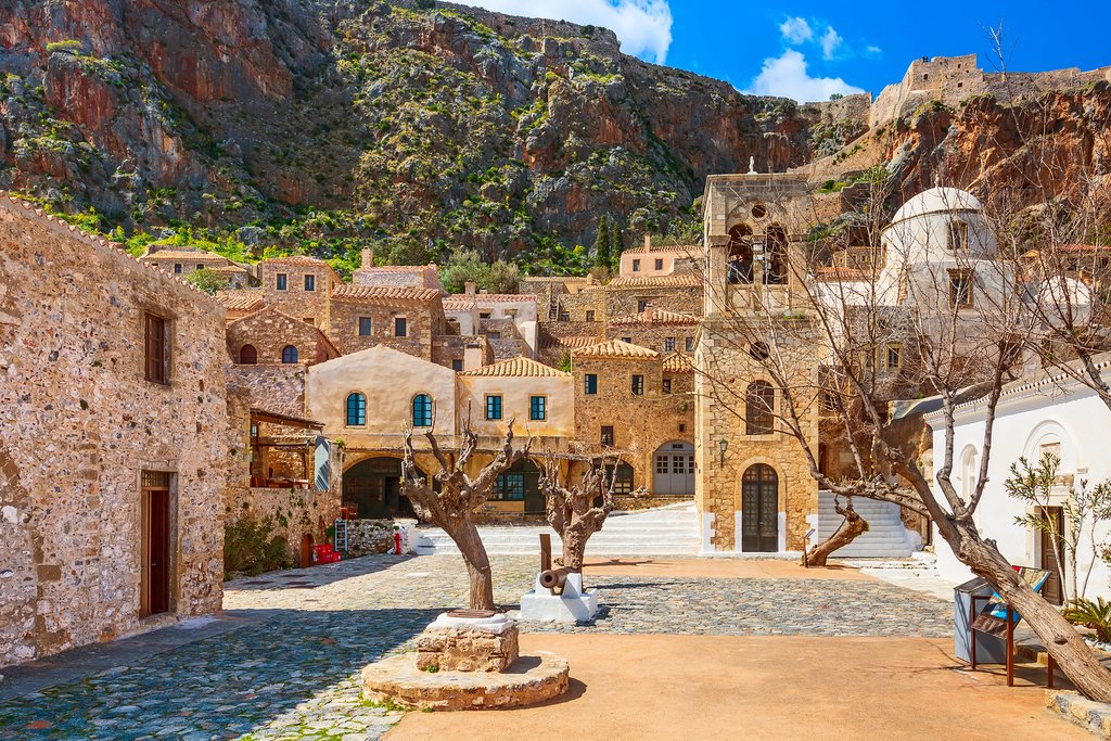 Weed in mainland Greece - Historic village with stone buildings.