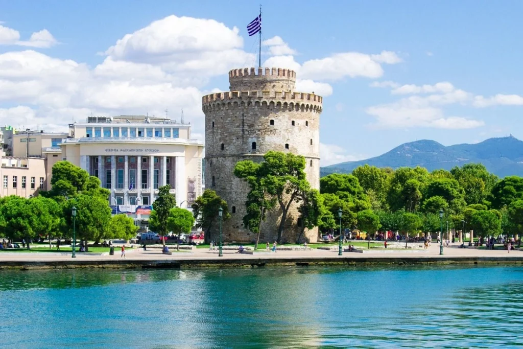 The iconic white tower by the waterfront in Thessaloniki, Greece.