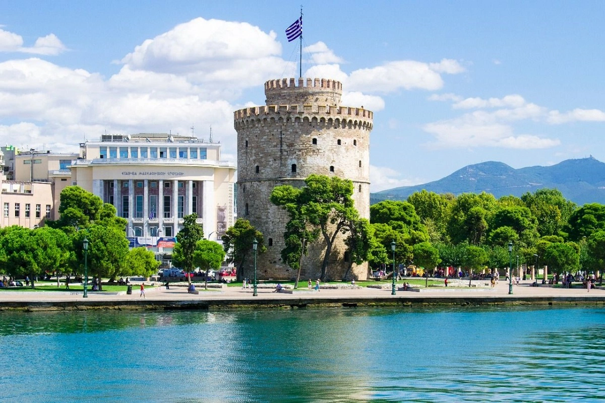 The iconic white tower by the waterfront in Thessaloniki, Greece.