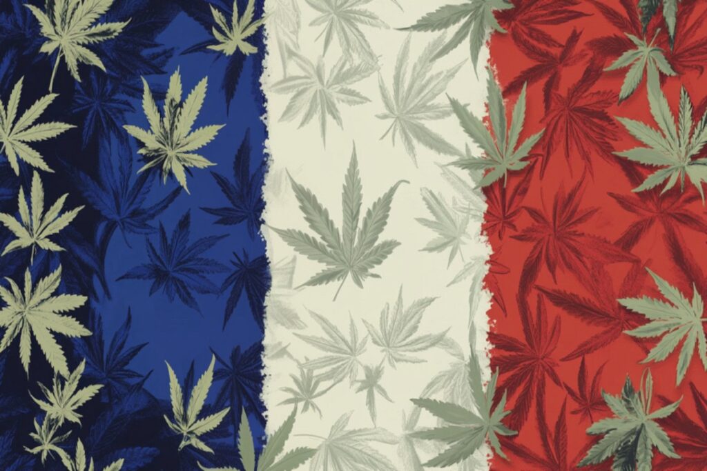 French flag with printed cannabis leaves spread across.