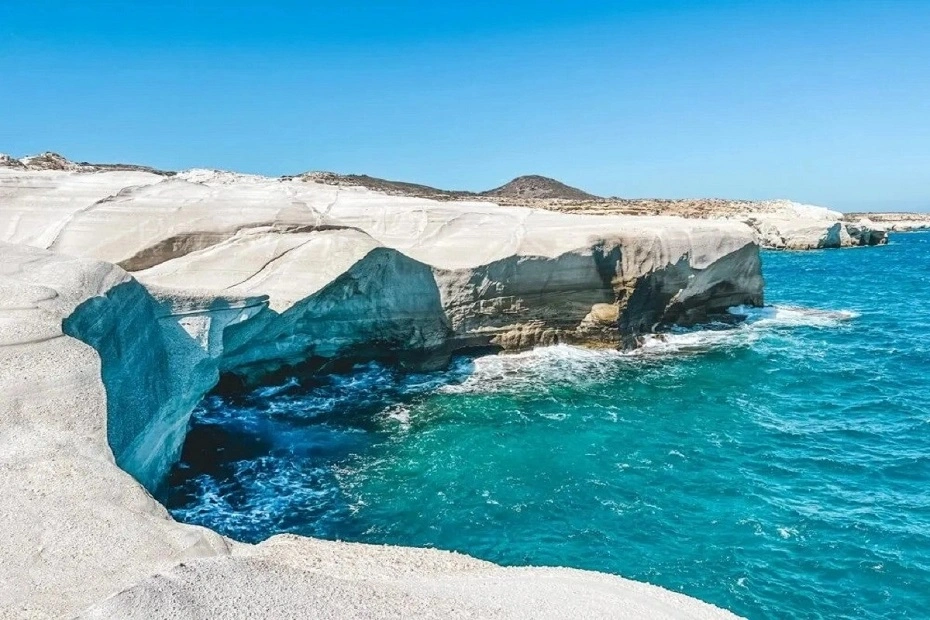 Lunar rocks of Sarakiniko beach on the Island of Milos in Greece.